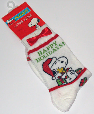 Snoopy Christmas Crew-Length Socks With Satin Bow And Glitter Accents